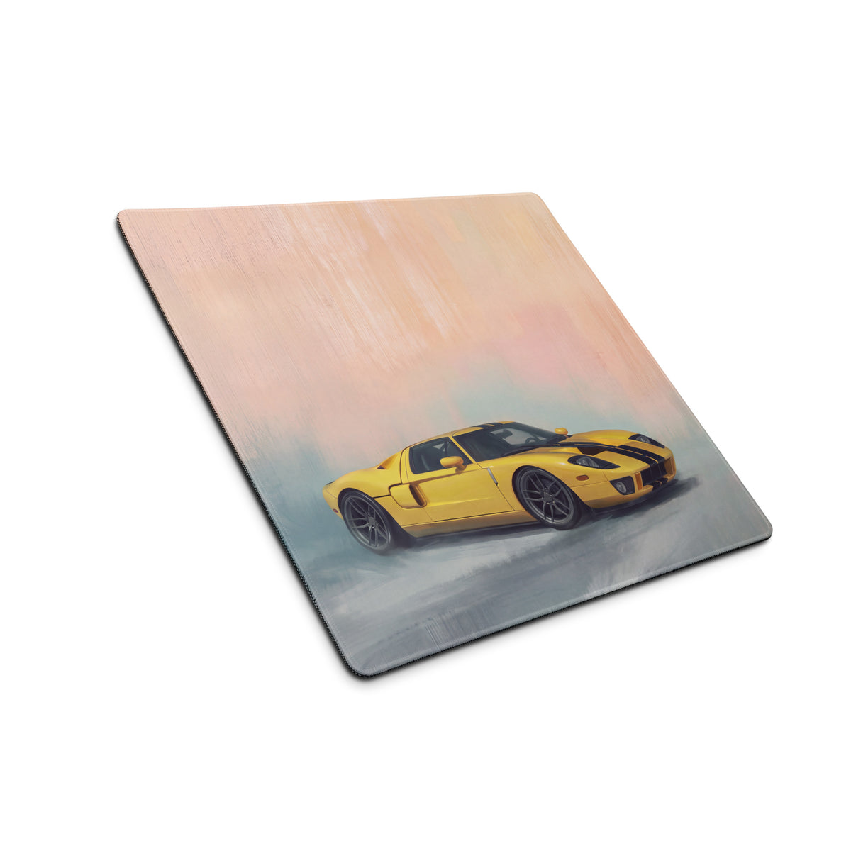 Yellow ford gt sports car graphic printed on a square soft-touch coaster for ford gt inspired speed yellow desk mat