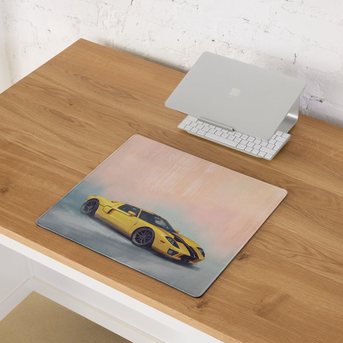 Yellow Ford GT racing car graphic on XL soft pastel gradient desk mat high-precision gaming mousepad