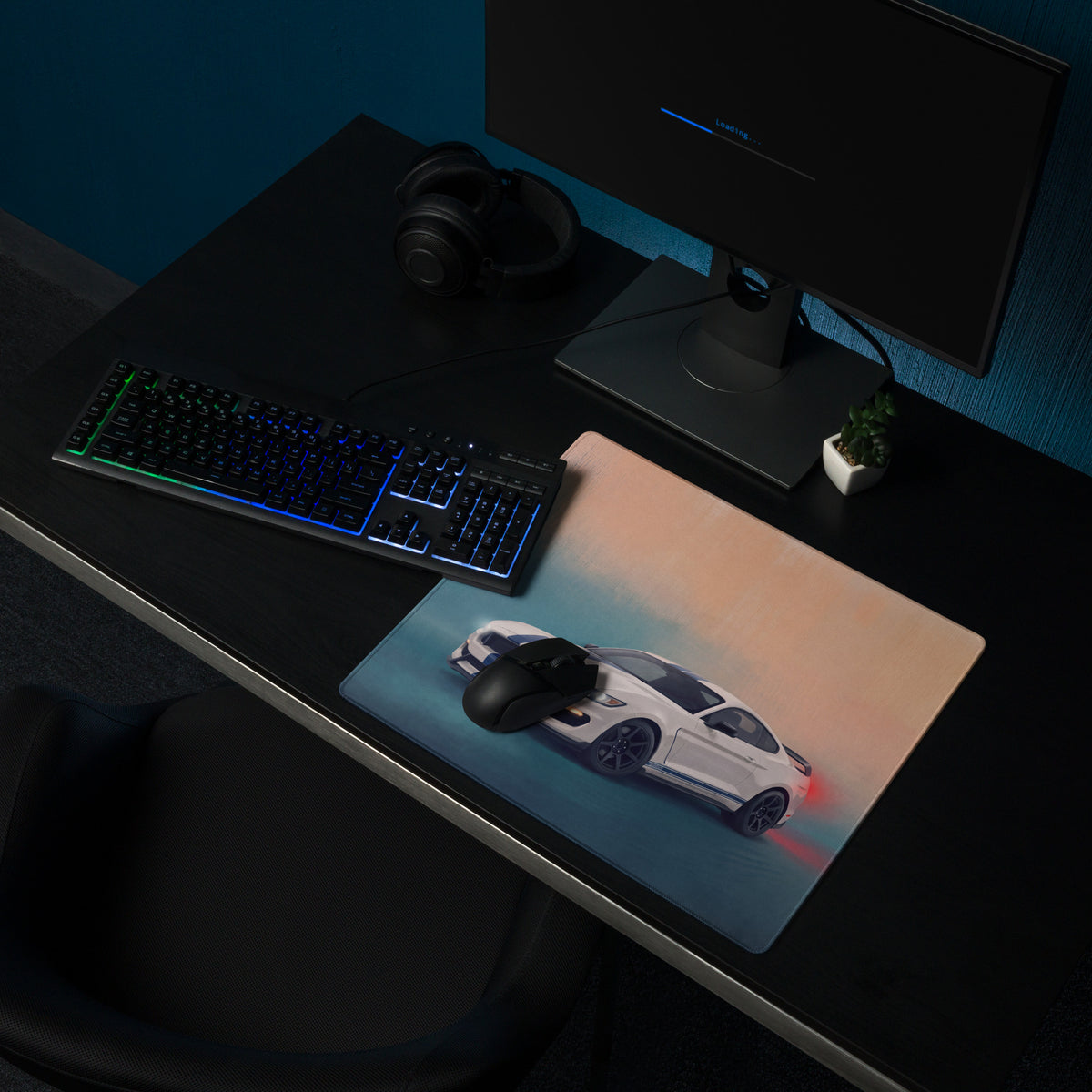 Ford Mustang Inspired Shelby White Blue Stripe Desk Mat – High-Precision XL Gaming Mousepad