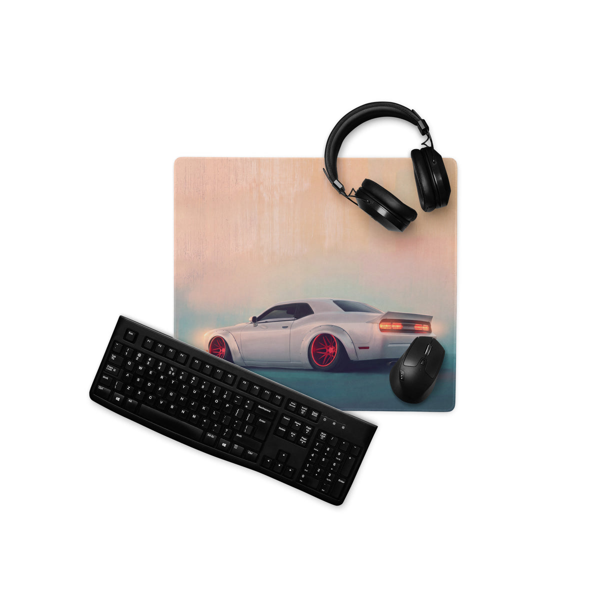 Dodge Challenger Inspired Pearl Red Rim Rear Desk Pad – Extended Non-Slip PC Mouse Mat