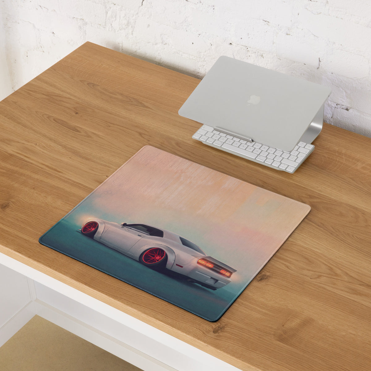 Dodge Challenger Inspired Pearl Red Rim Rear Desk Pad – Extended Non-Slip PC Mouse Mat
