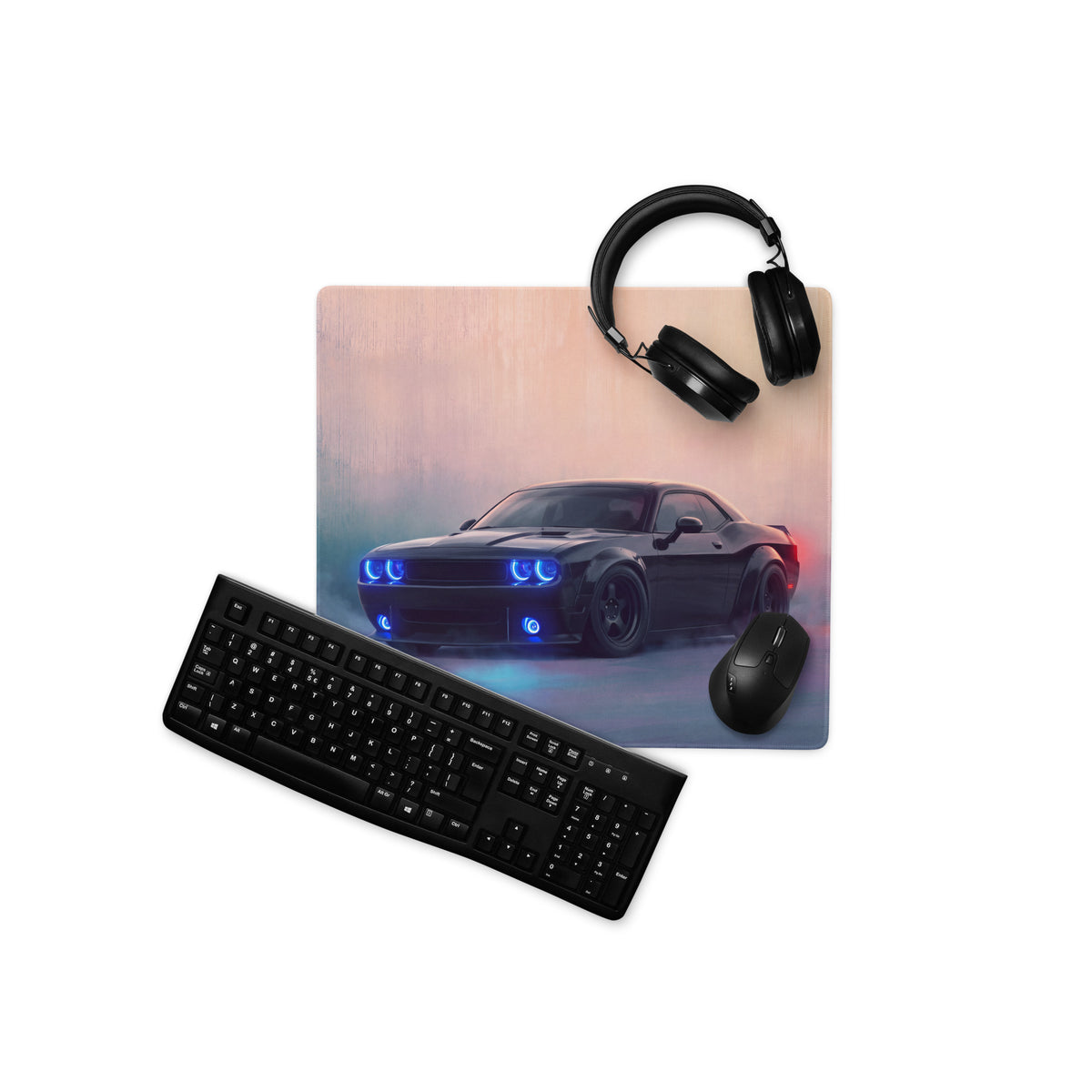 Dodge Challenger Inspired Pitch Black Halo Desk Pad – Ultra-Glide Stitched Edge Gaming Mouse Mat