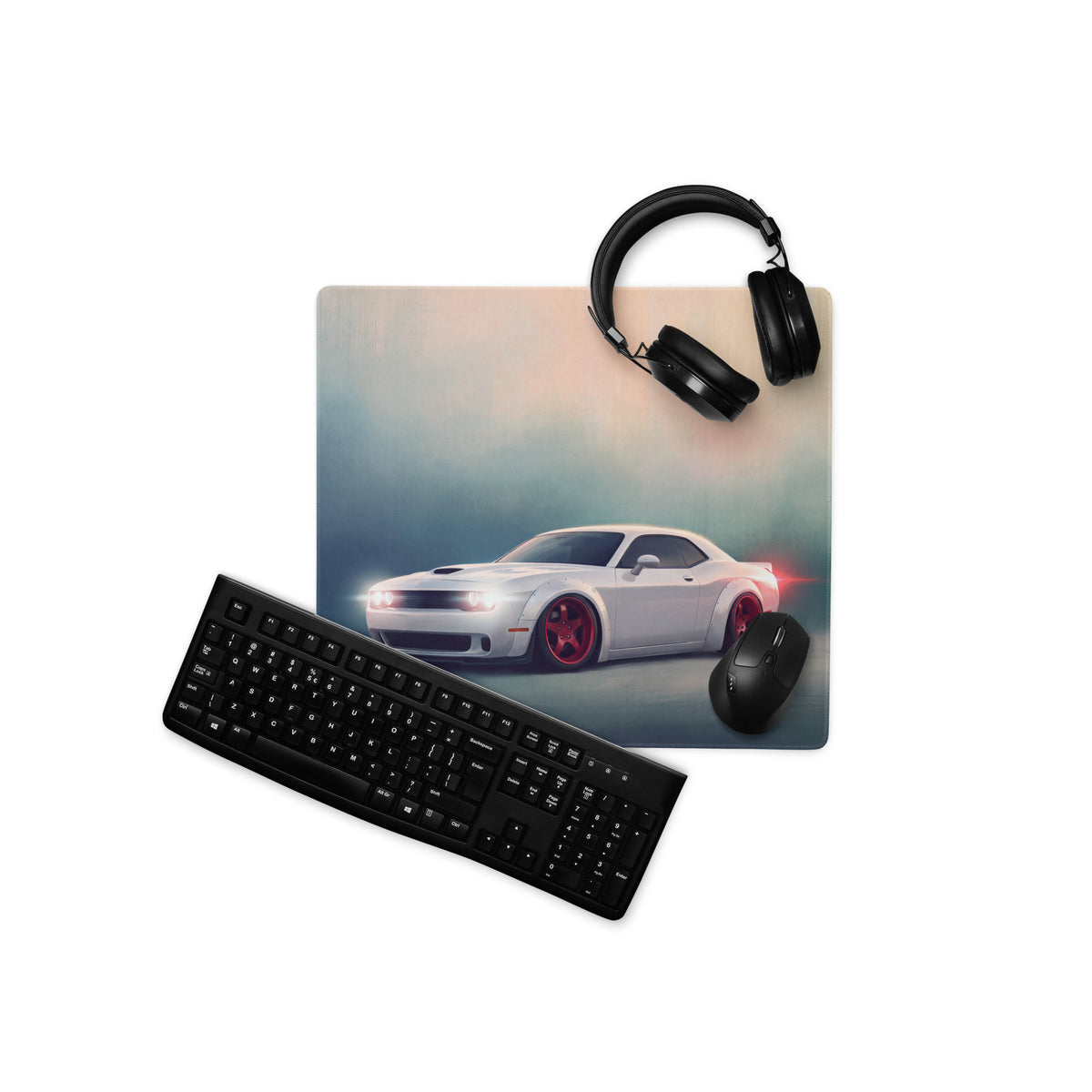 Dodge Challenger Inspired White Knuckle Red Accent Desk Pad – Ultra-Glide Stitched Edge Gaming Mouse Mat