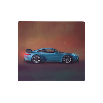 Blue Porsche 911 GT3 inspired Miami blue rectangular desk pad with ultra-glide stitched edge for gaming and office use