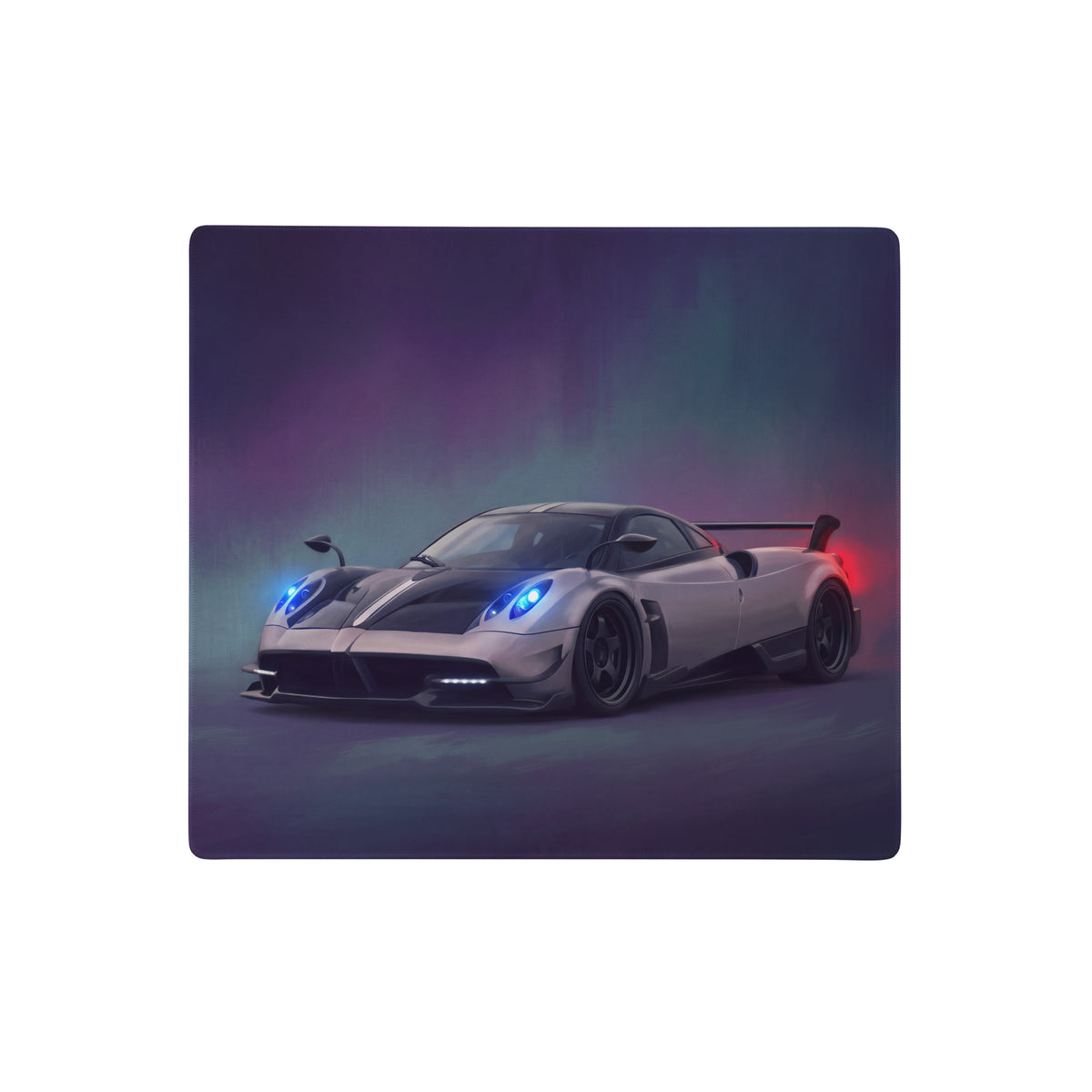 Pagani huayra inspired silver carbon desk pad featuring a sleek sports car with glowing blue headlights and red taillight