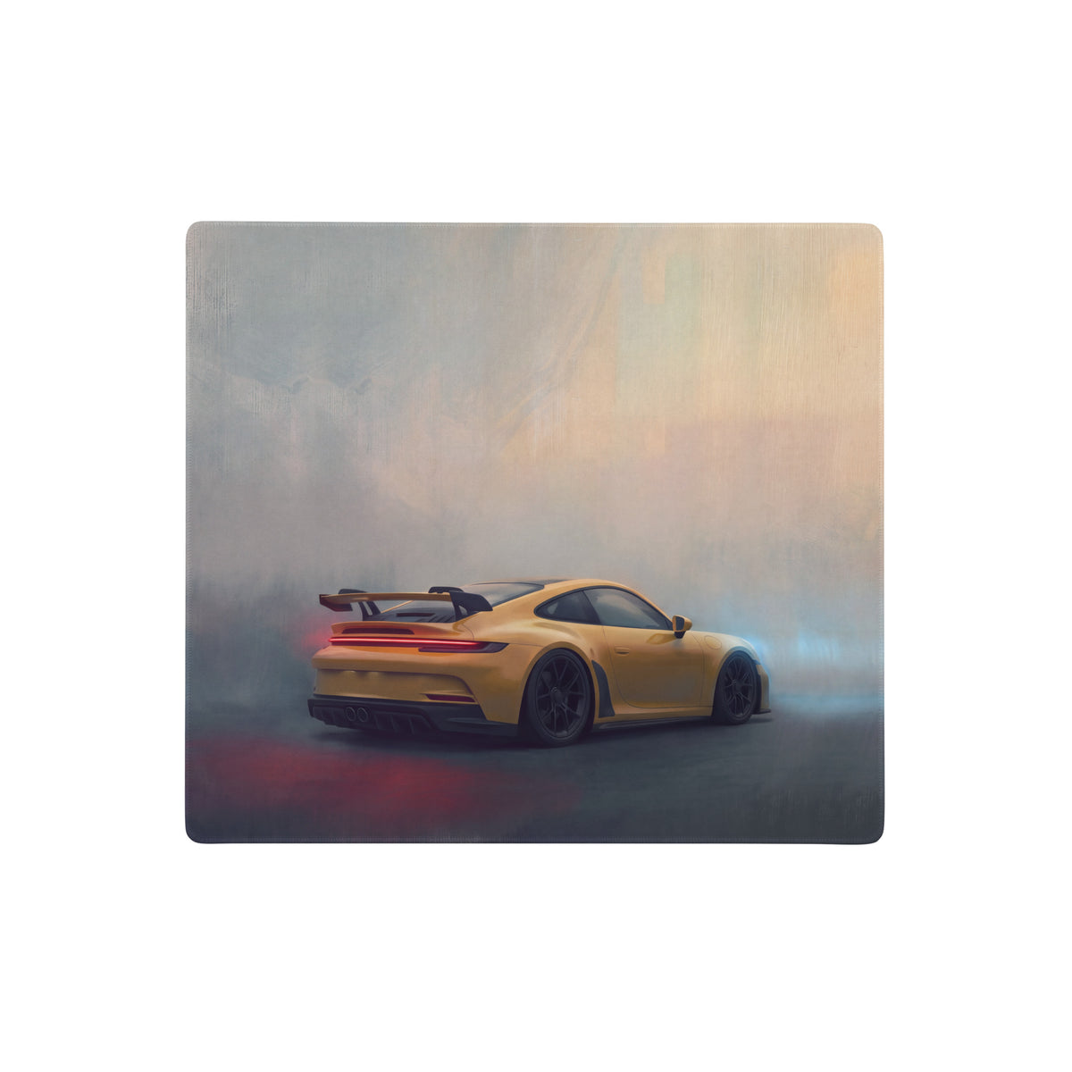 Yellow porsche 911 gt3 inspired speed yellow desk mat featuring dynamic drift scene with smoke for xl gaming use