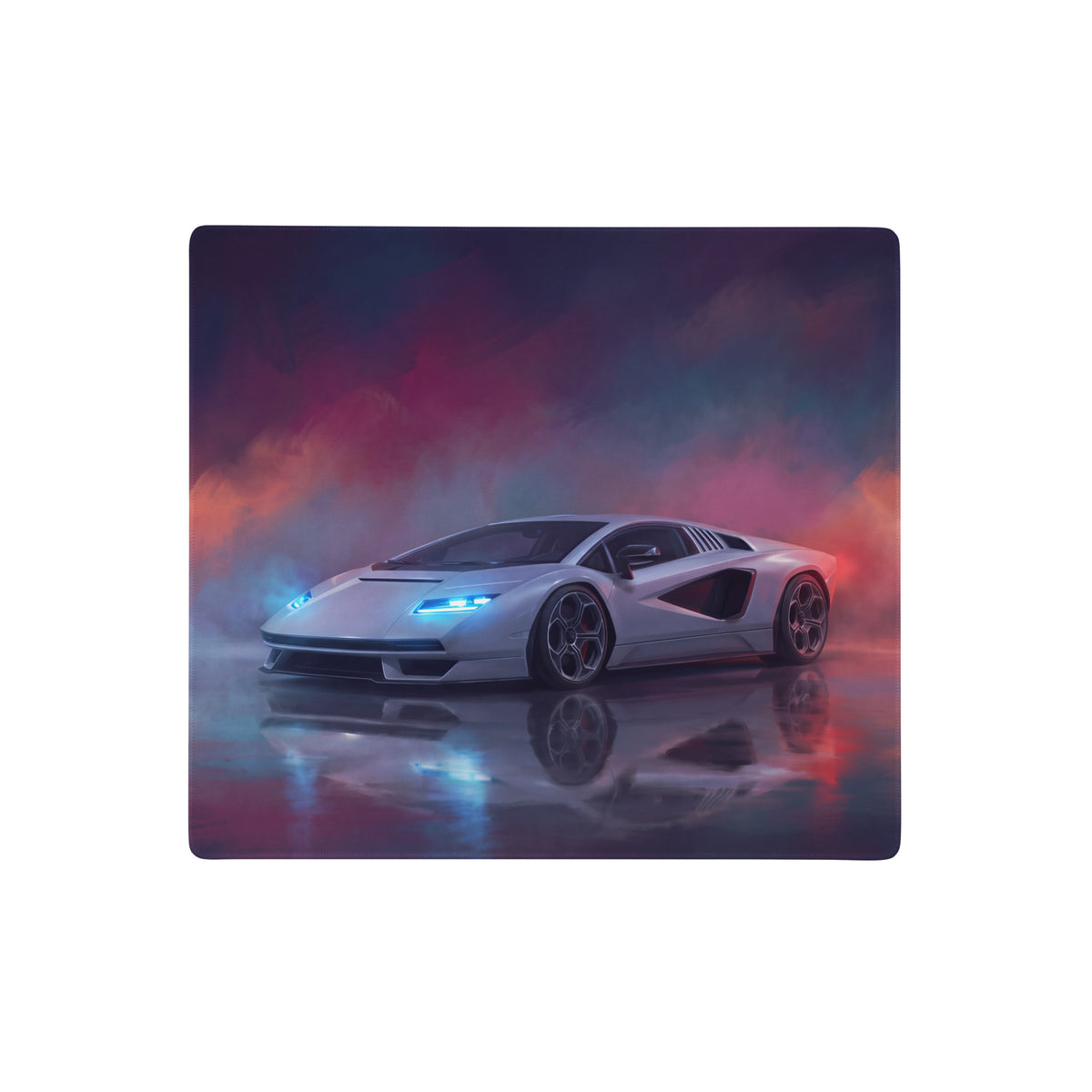 Silver Lamborghini Countach inspired pearl reflection desk pad with glowing blue headlights on extended non-slip mouse mat