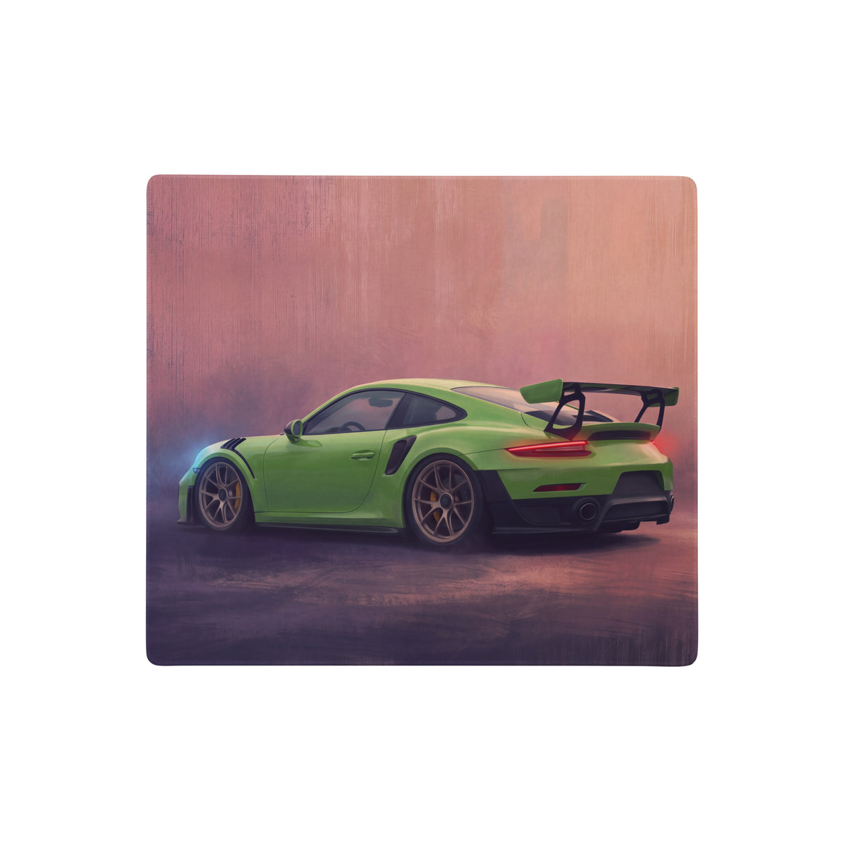 Rectangular wooden mousepad featuring a vibrant lizard green porsche 911 gt3 rs print for low-friction desk use