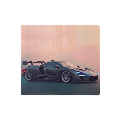 Black mclaren senna inspired carbon stealth desk mat with sleek aerodynamic design and glowing blue headlights