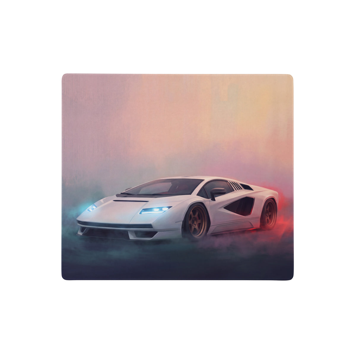 White lamborghini sports car graphic printed on pearl bronze rectangular non slip extended desk mousepad