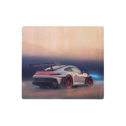 Silver porsche 911 gt3 with red accents and black racing stripes on wooden plaque on chalk crimson accent desk mat