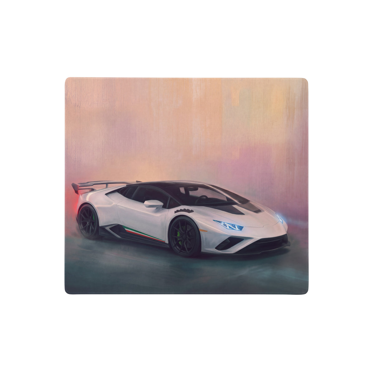 White lamborghini huracán inspired pearl tricolore desk pad with black accents and italian tricolor stripe for gaming use