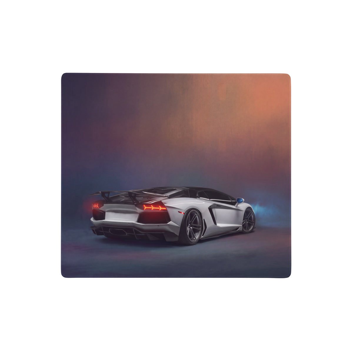White lamborghini aventador inspired pearl frost desk pad with extended non slip surface featuring a rear car view