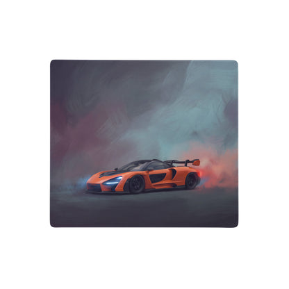 Vibrant orange McLaren Senna inspired papaya drift desk pad with extended non-slip surface in a smoky racing scene