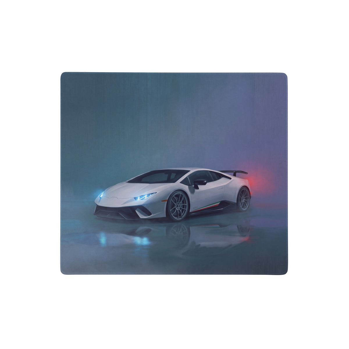 White Lamborghini Huracán inspired performante desk mat with aerodynamic design and blue headlights for gaming use