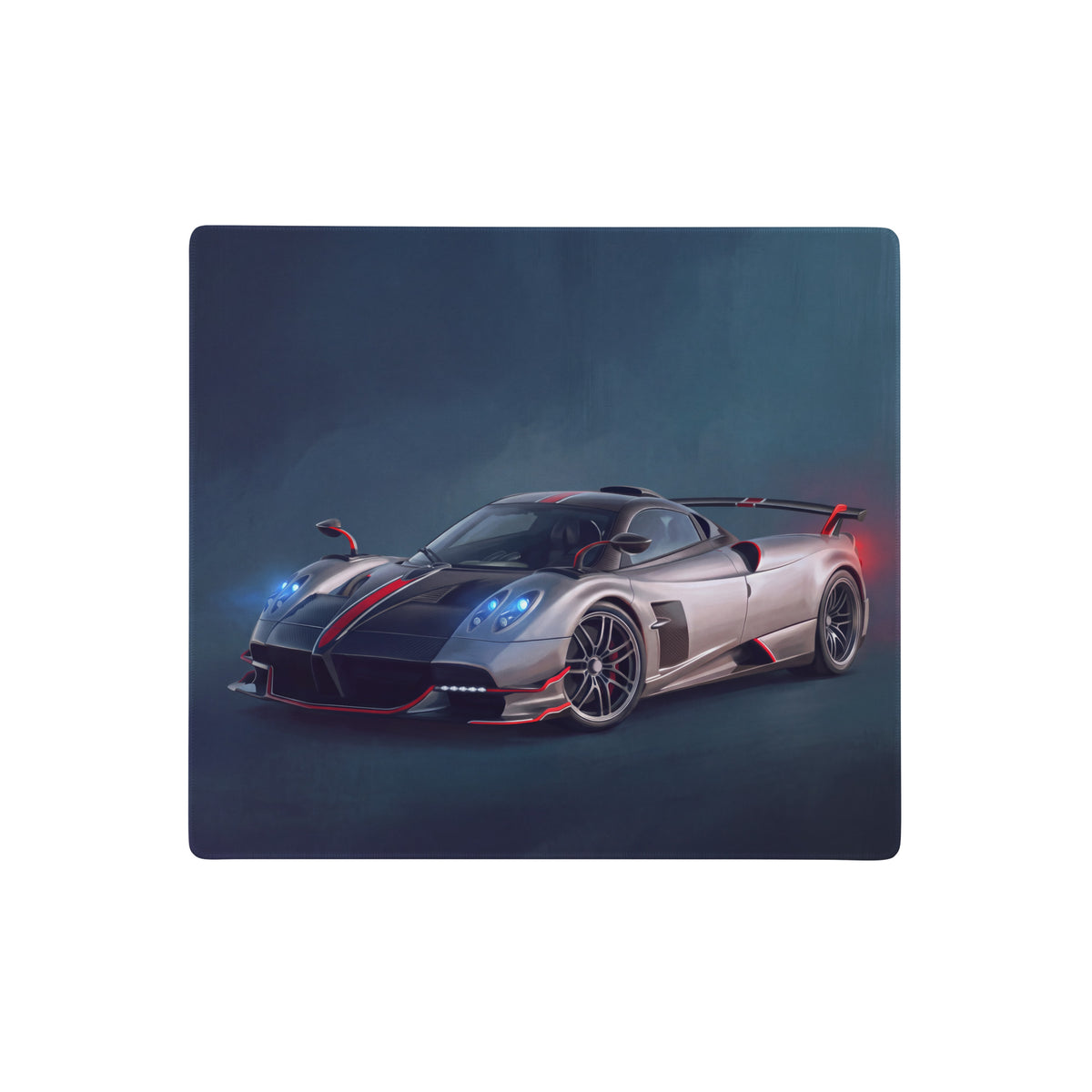 Pagani Huayra inspired silver crimson desk mat featuring a low-friction cloth surface with a sleek sports car design