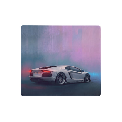 Silver lamborghini aventador inspired pearl apex desk mat with glowing red taillights in neon-hued background