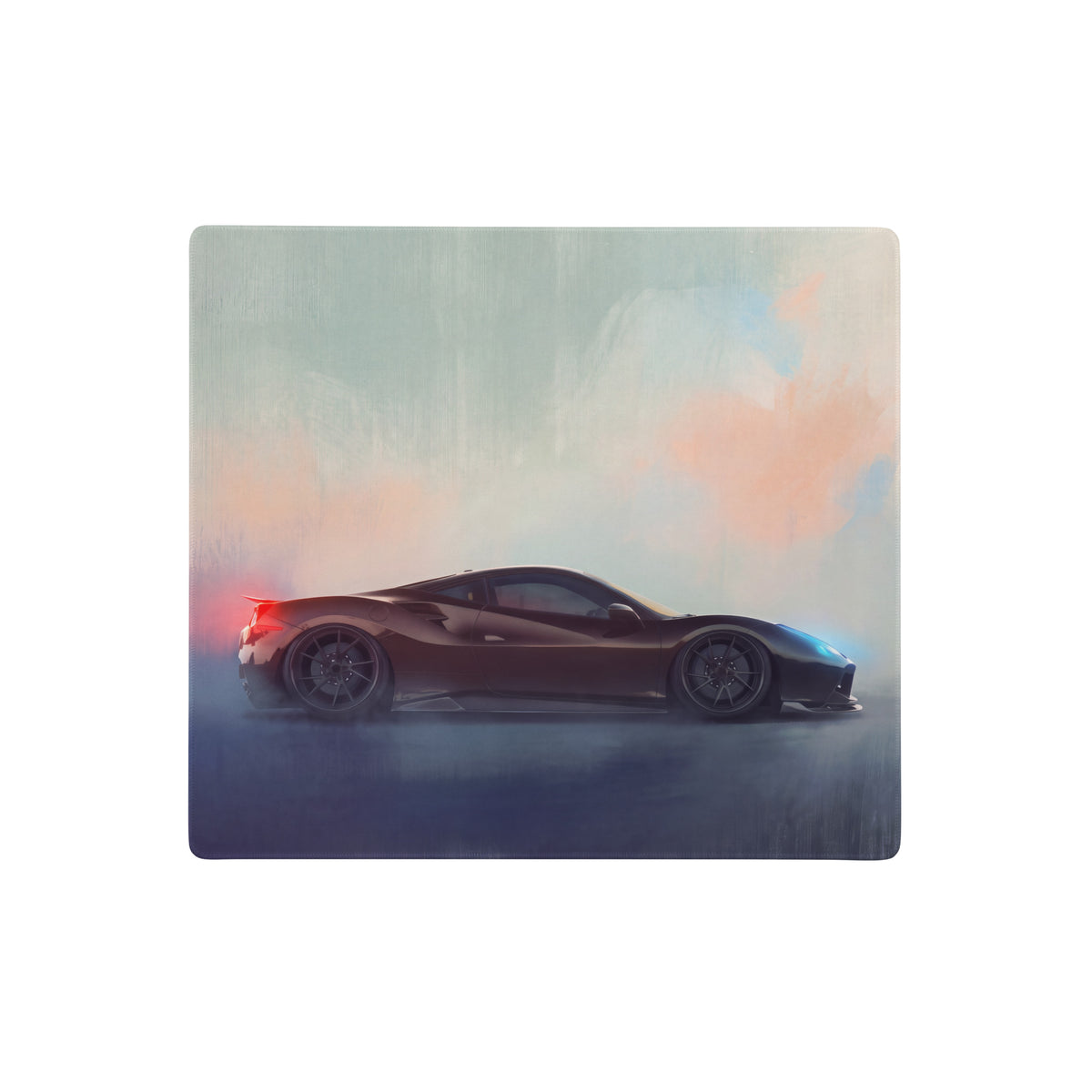 Dark brown Ferrari 488 inspired charcoal drift desk pad featuring smoky stylized sports car design non-slip extended mat