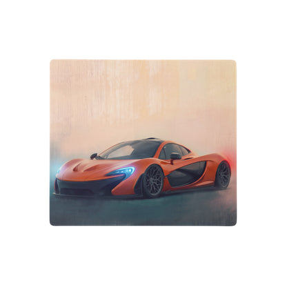 Vibrant orange mclaren p1 sports car illustrated on a square wooden plaque featured on mclaren p1 inspired volcano horizon desk pad