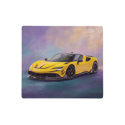 Vibrant yellow ferrari sf90 xx inspired giallo flare desk mat with black accents and sleek aerodynamic car design