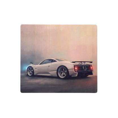 Pagani zonda inspired pearl white extended non-slip desk pad featuring sleek white sports car on wooden plaque design