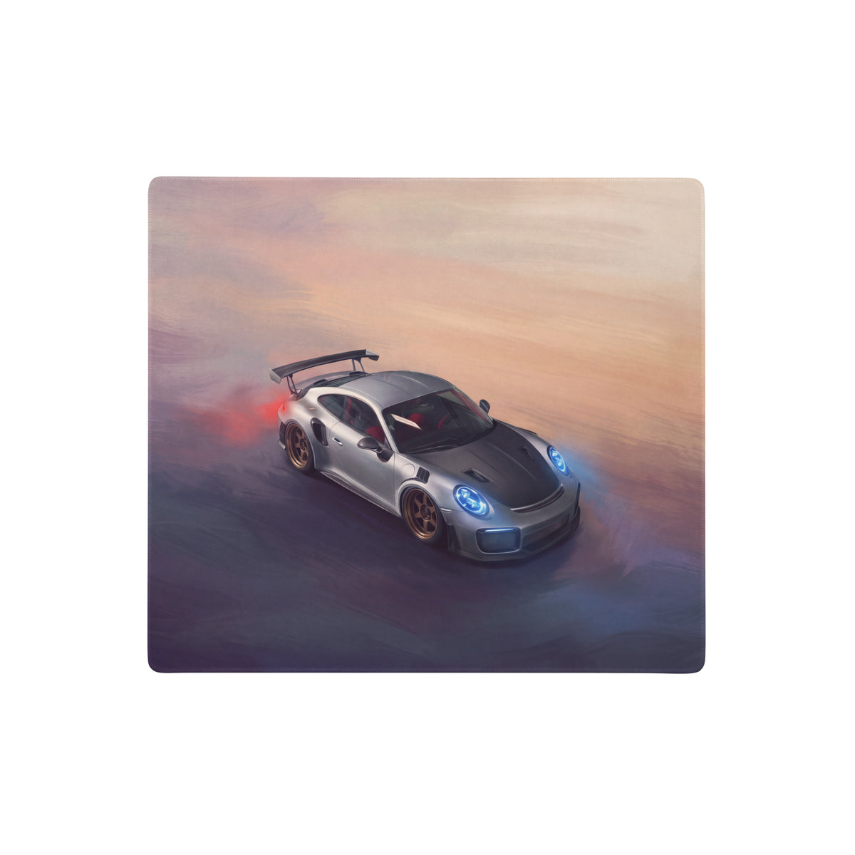 Silver and black porsche 911 gt3 rs with glowing blue headlights on porsche 911 gt2 rs inspired silver weissach desk pad