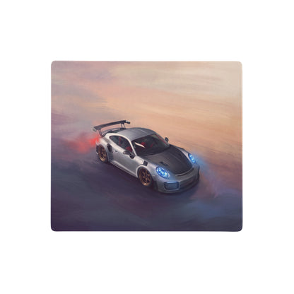 Silver and black porsche 911 gt3 rs with glowing blue headlights on porsche 911 gt2 rs inspired silver weissach desk pad