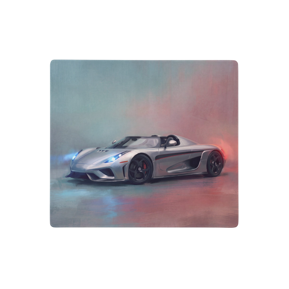 Stylized painterly illustration of a silver koenigsegg agera rs with glowing blue and red accents on an xl gaming mousepad