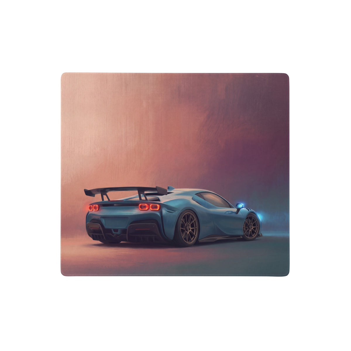 Blue sports car with glowing red taillights and black rear spoiler on a low-friction cloth ferrari sf90 xx inspired mousepad