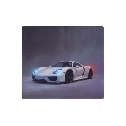 White porsche 918 spyder inspired pearl white desk pad with glowing blue headlights and red taillights artistic design