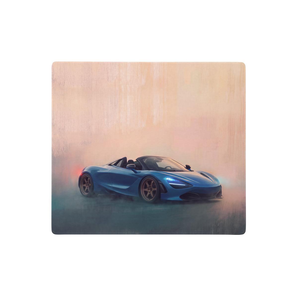 Blue mclaren 720s convertible sports car stylized illustration on a wooden plaque for mclaren 720s desk mat