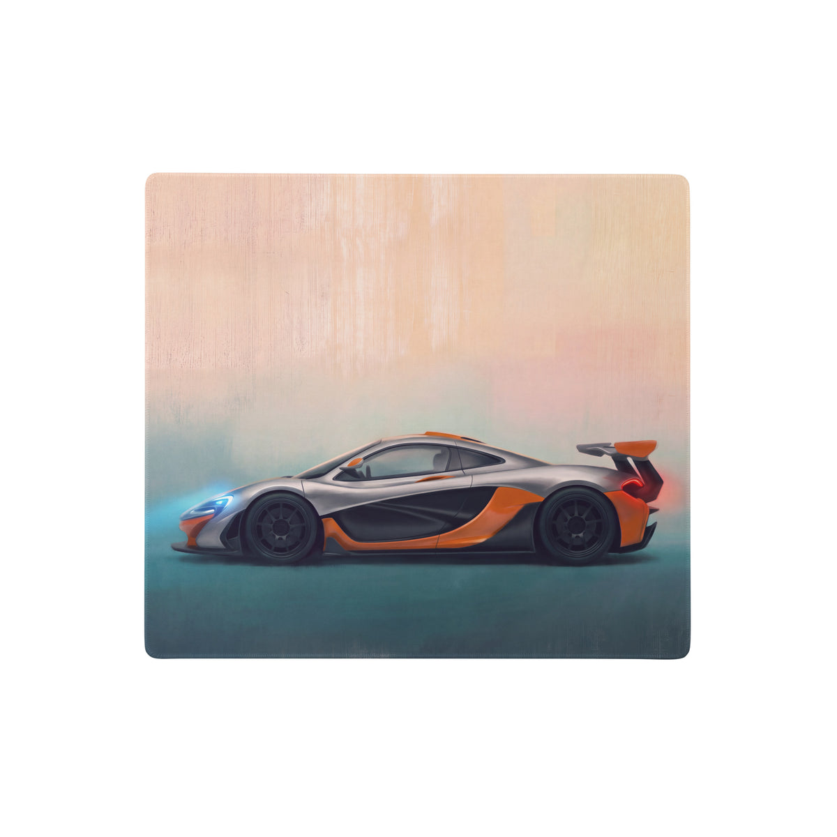Silver and orange mclaren p1 sports car illustration on wooden plaque featured on mclaren p1 inspired desk mat