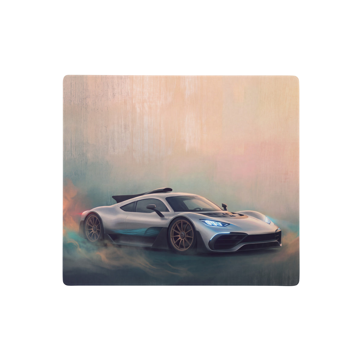 Silver and teal mercedes-amg one inspired hypercar illustration on rectangular wooden mousepad with stitched edge