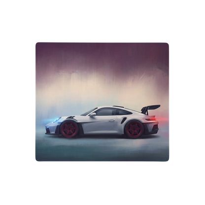 Porsche 911 gt3 rs inspired chalk red accent desk mat featuring white car with red wheels and black rear spoiler design