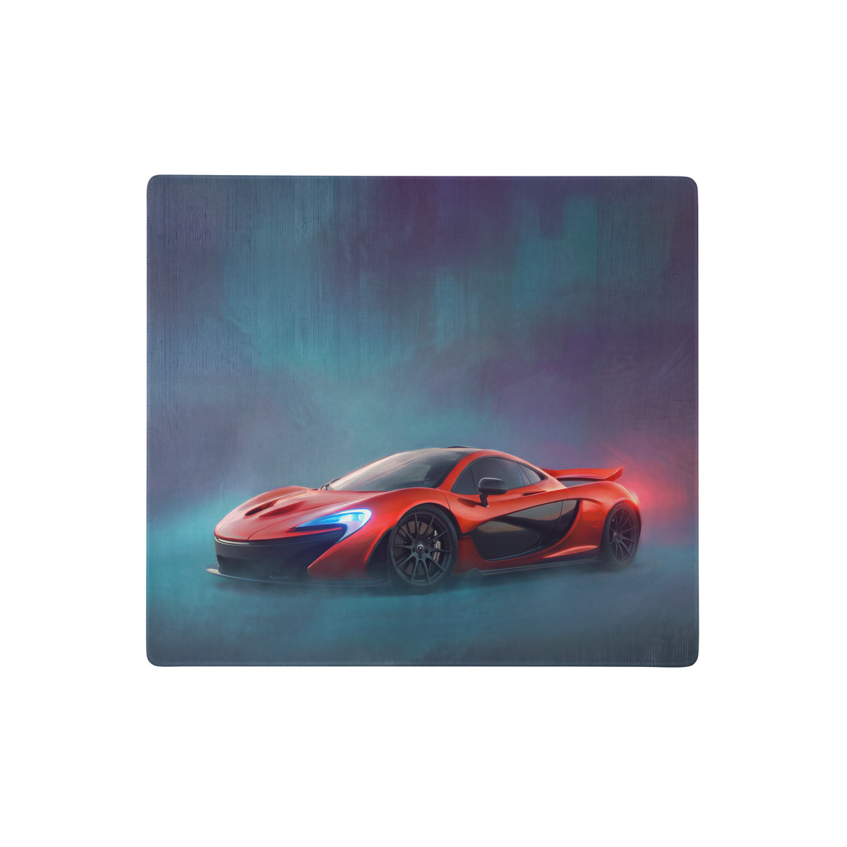 Vibrant red mclaren p1 graphic printed on sleek rectangular metal plaque on volcano red xl gaming desk mat
