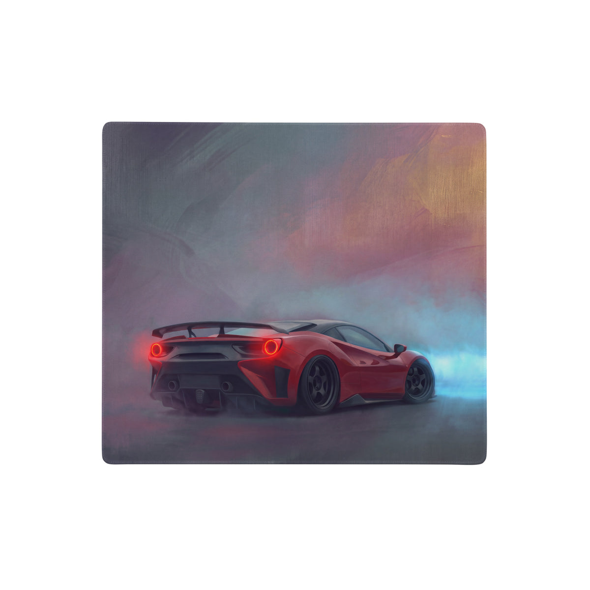 Red ferrari sports car with glowing taillights and black spoiler on crimson drift desk mat low-friction cloth mousepad back view