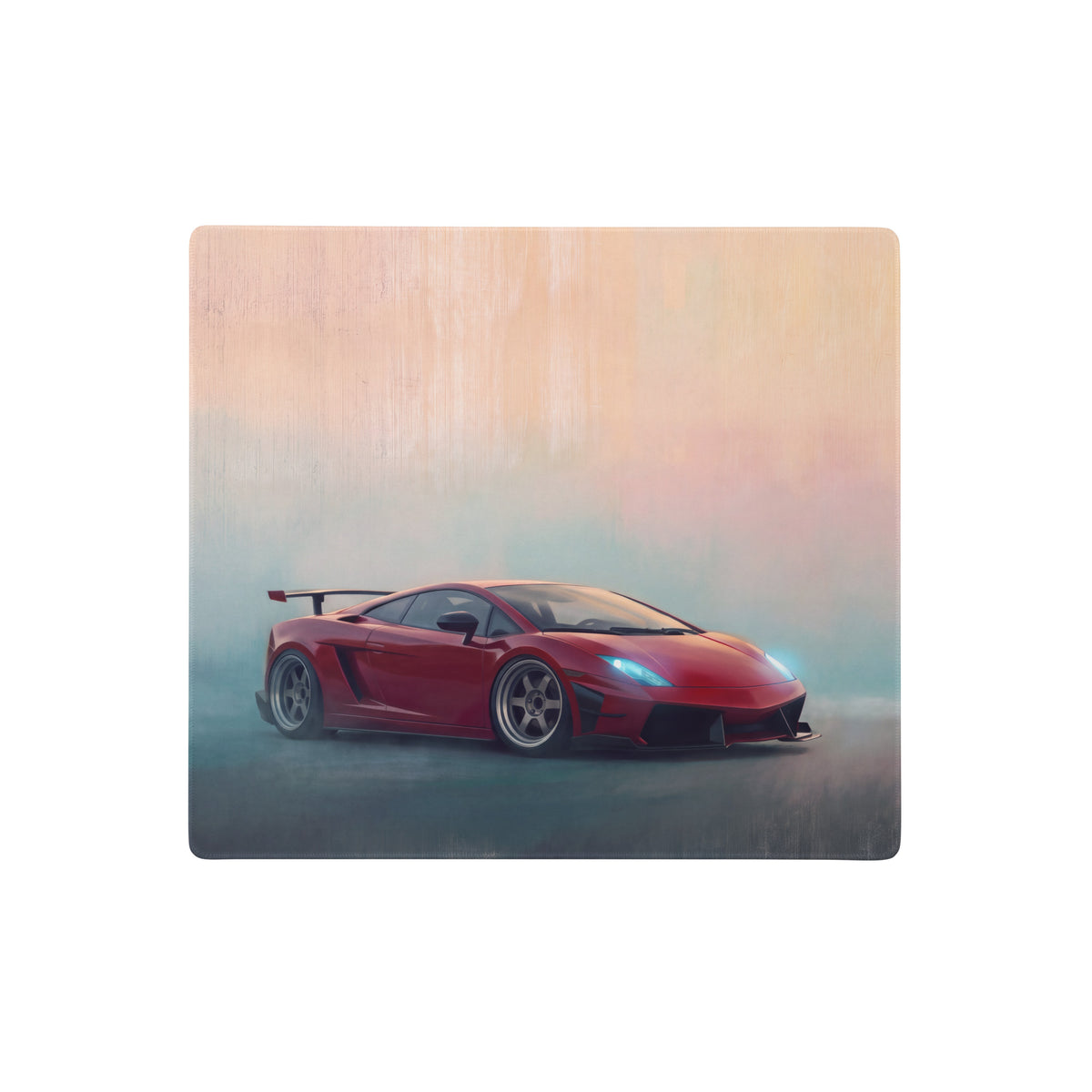 Red Lamborghini Gallardo inspired rosso corsa desk mat featuring a stylized lamborghini on wood texture