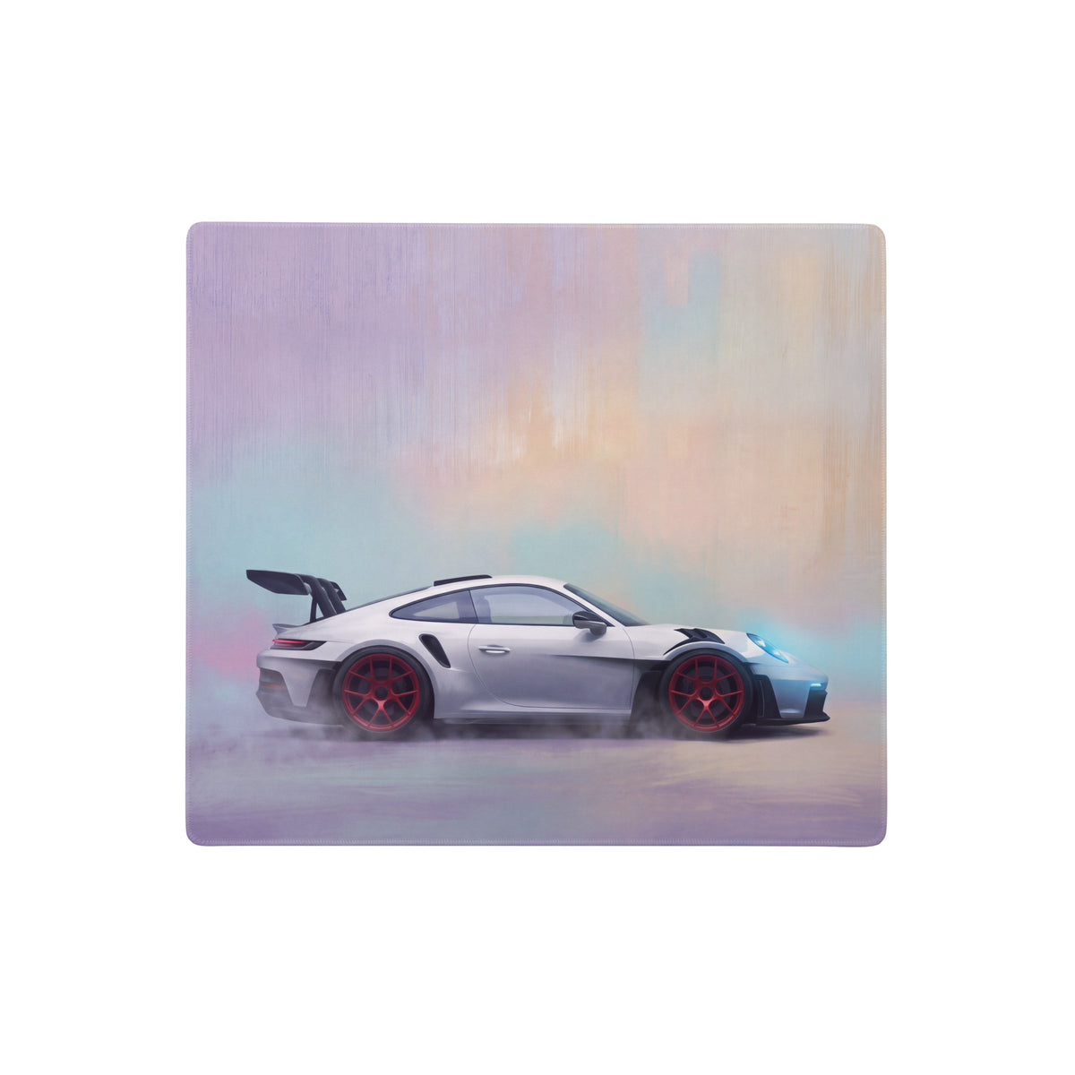 Silver porsche 911 gt3 with red rims and black spoiler on porsche 911 gt3 rs inspired chalk red accent desk pad