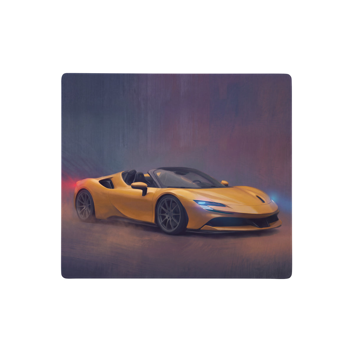 Vibrant yellow Ferrari SF90 Spider inspired giallo modena desk mat with low-friction cloth and dynamic painterly design