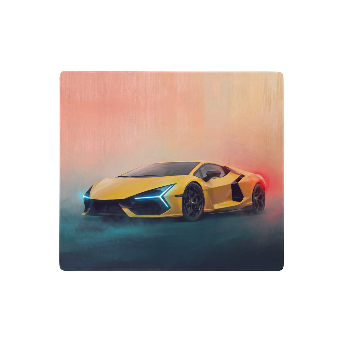 Vibrant yellow lamborghini sports car illustration on wooden plaque featured on lamborghini revuelto inspired giallo electra desk pad