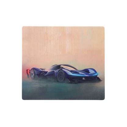 Blue and black futuristic sports car illustration on a wooden plaque featured on rb17 inspired sapphire hyper desk pad