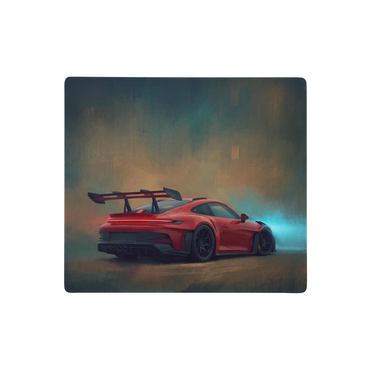 Red porsche 911 gt3 rs inspired crimson apex desk mat featuring a sports car with black spoiler in smoky urban setting