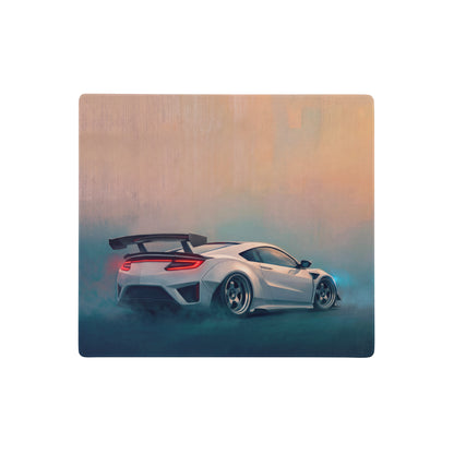 White Acura NSX inspired pearl widebody desk mat with red taillights and black spoiler on rectangular wooden mousepad