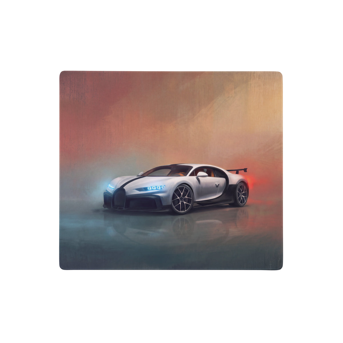 Silver and black bugatti chiron sports car illustration on rectangular wooden plaque for glacier sunset desk mat