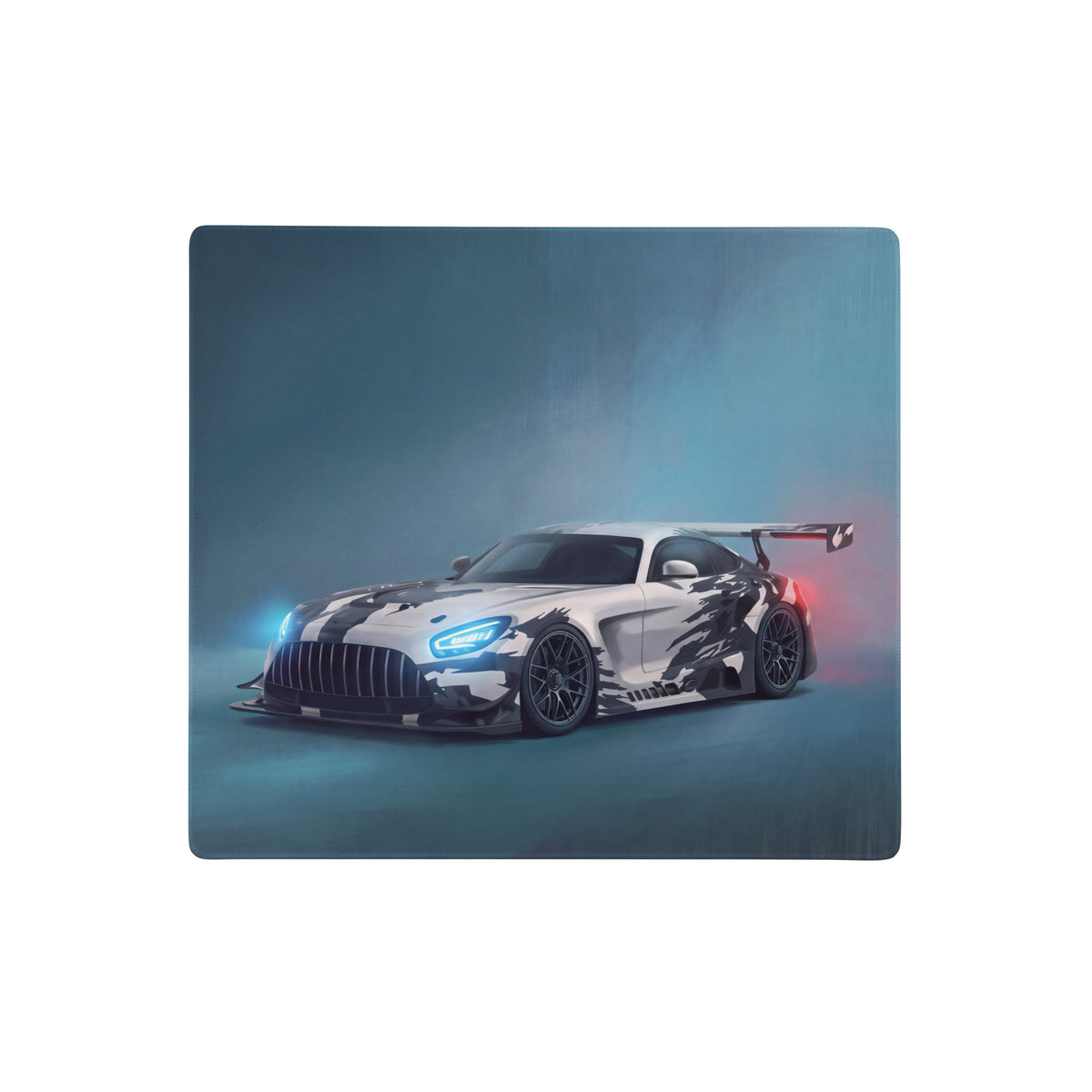 Mercedes-AMG GT3 inspired extended non-slip desk pad with white black racing car and glowing blue headlights design