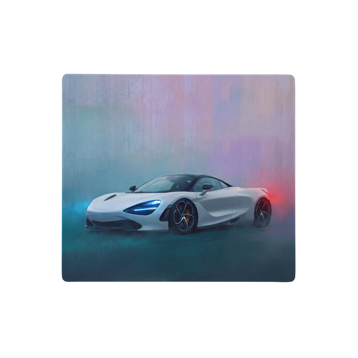 White mclaren 720s inspired pearl glacier desk pad with glowing blue and red accents for ultra-glide gaming use
