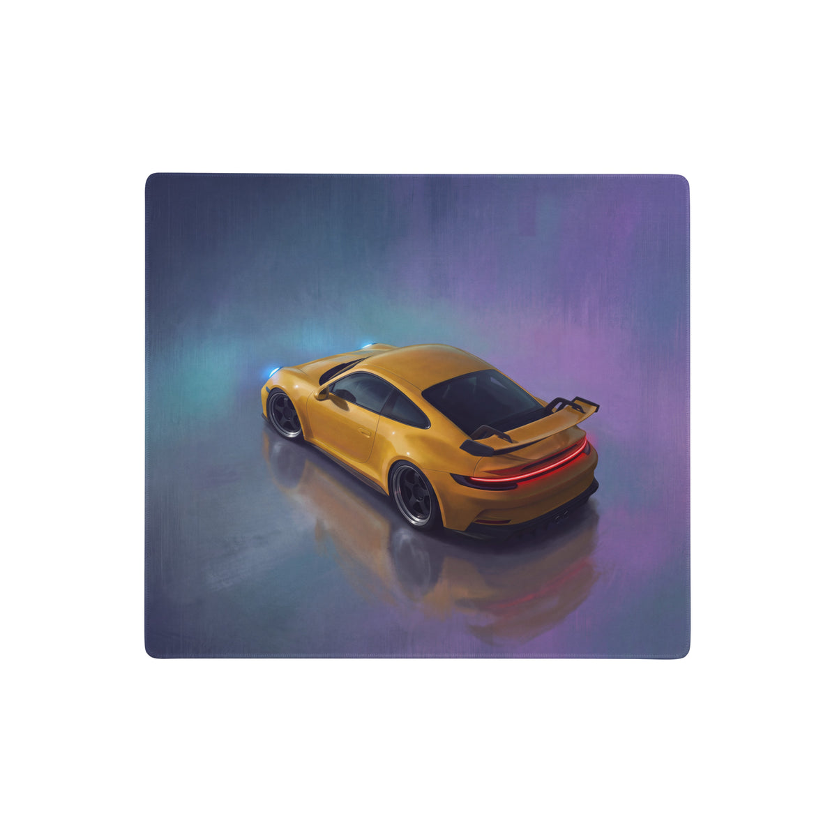 Vibrant yellow porsche 911 gt3 inspired speed yellow desk pad with ultra-glide stitched edge and glowing accents