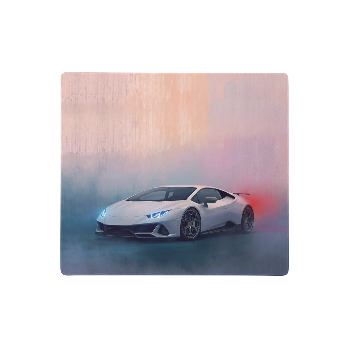 White lamborghini huracán inspired pearl white extended non slip desk pad with smoky sports car design on wooden base