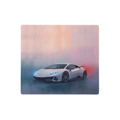 White lamborghini huracán inspired pearl white extended non slip desk pad with smoky sports car design on wooden base