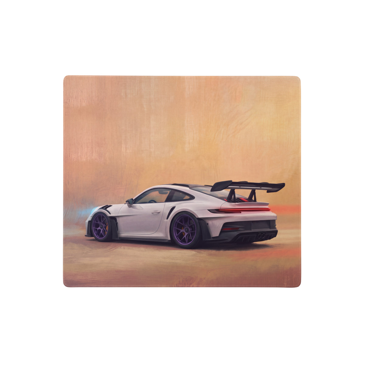 White porsche 911 gt3 rs with black rear wing and violet rims on wooden porsche 911 gt3 rs inspired violet accent desk pad